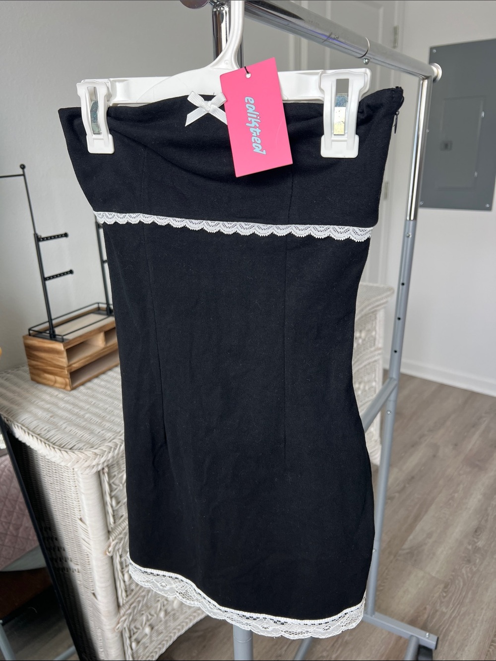 Edikted black mini dress with white lace trim & bow